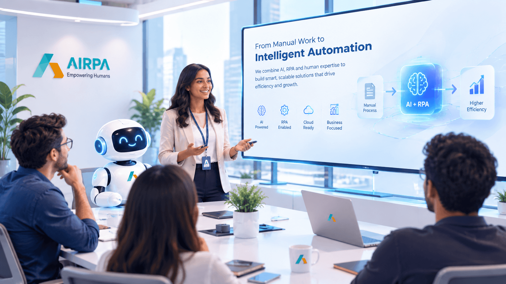 An AIRPA presenter and a robot showing a boardroom the shift "From Manual Work to Intelligent Automation", combining AI, RPA and human expertise.