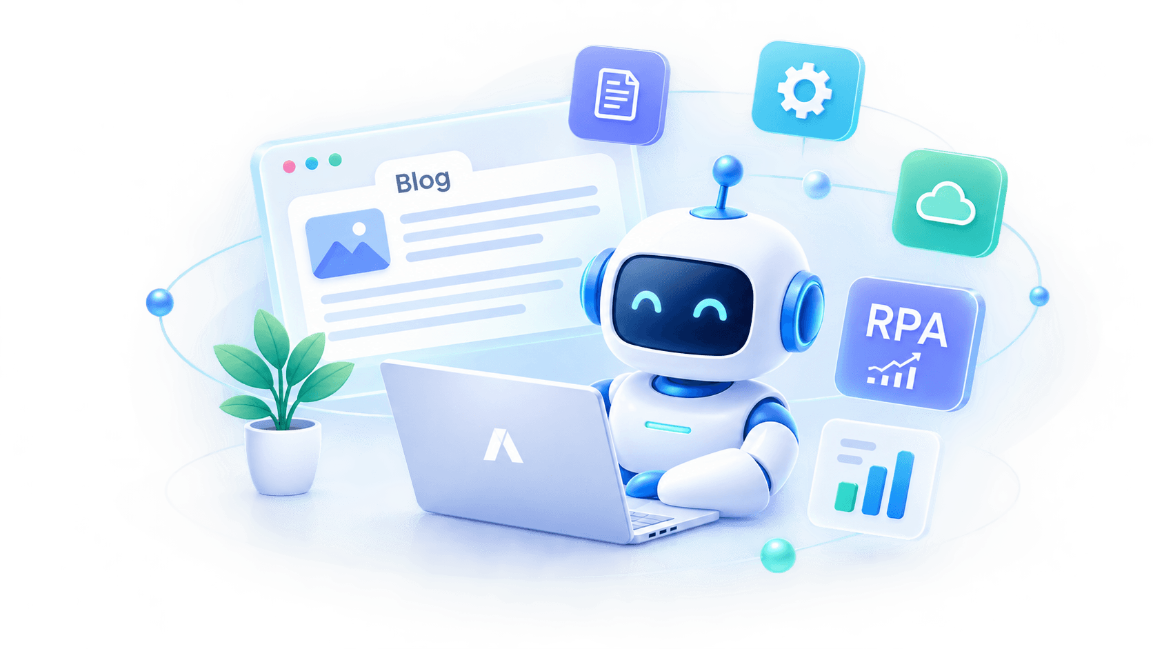 A friendly robot working at a laptop beside a browser window of a blog post, surrounded by icons for documents, settings, cloud storage, RPA and analytics.