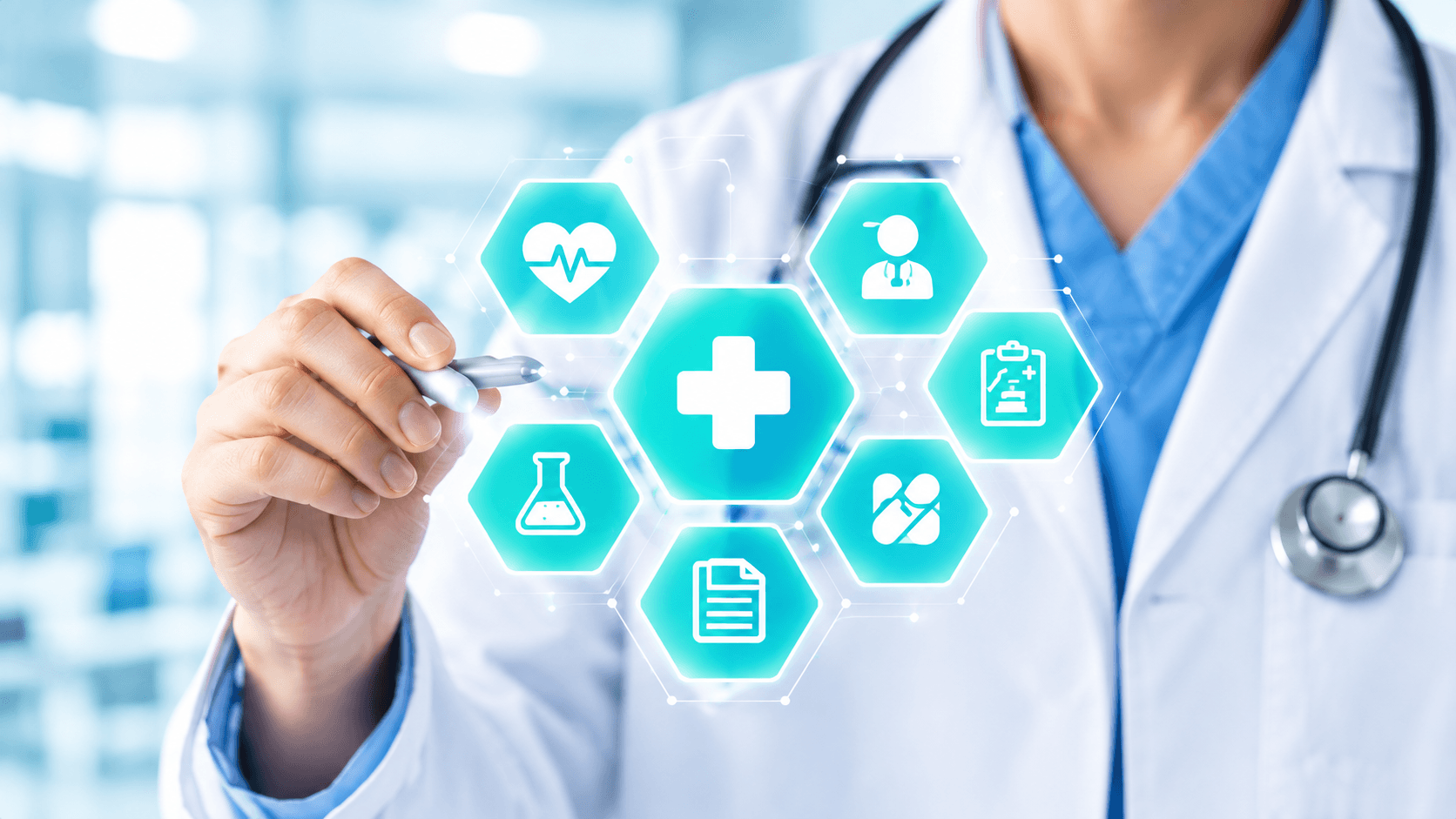A doctor drawing on a screen of glowing healthcare icons: a heart rate, a patient, a medical chart, lab tests and records around a medical cross.
