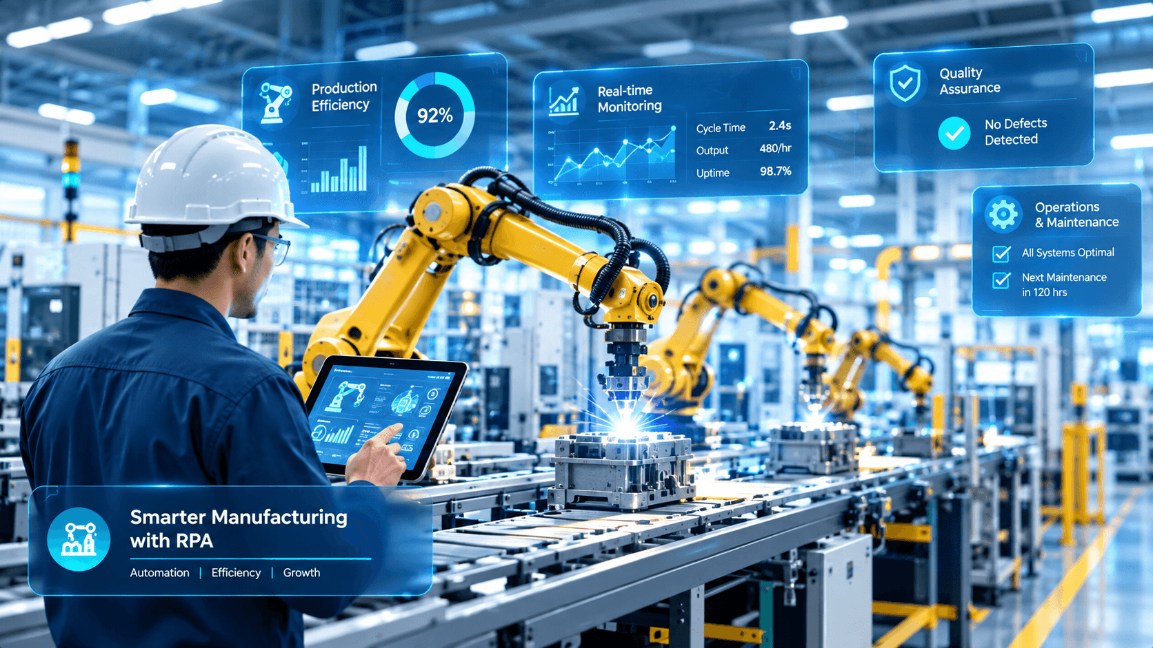 A factory engineer with a tablet beside robotic arms on a production line, with live dashboards for production efficiency, real-time monitoring, quality assurance and maintenance.