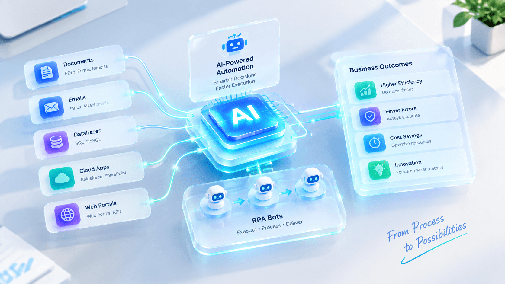 An illustration of a central AI processor pulling in documents, emails, databases, cloud apps and web portals on the left, handing off to a line of RPA bots, and producing business outcomes — higher efficiency, fewer errors, cost savings and innovation — on the right.