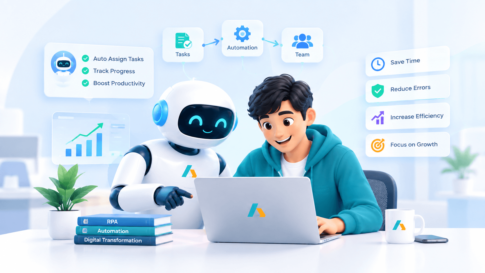 A friendly white robot pointing a coworker to a laptop, surrounded by callouts for saving time, reducing errors, increasing efficiency and focusing on growth.