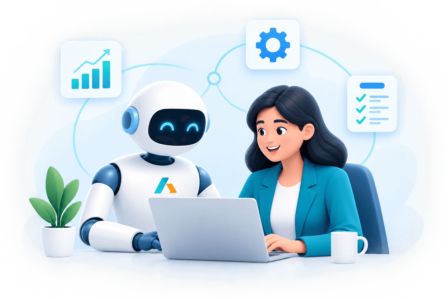 A friendly white robot and a smiling coworker working together at a laptop, surrounded by icons for growth, automation and task tracking.