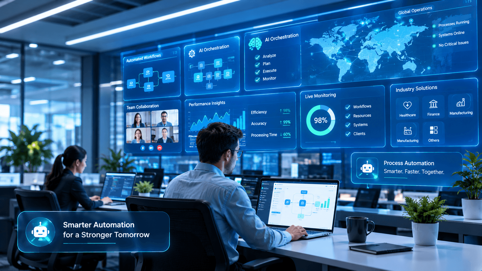 A team in a modern RPA control room, with live dashboards for automated workflows, AI orchestration, performance insights and global operations.