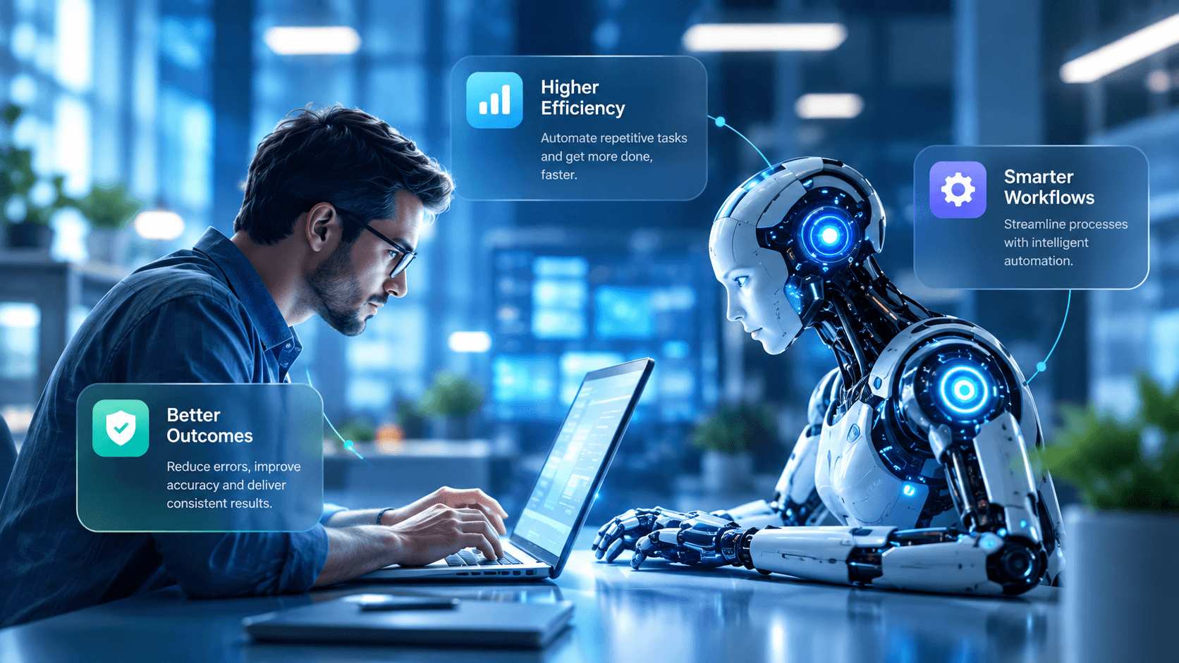 A person on a laptop and an AI robot working side by side, with callouts for higher efficiency, smarter workflows and better outcomes.